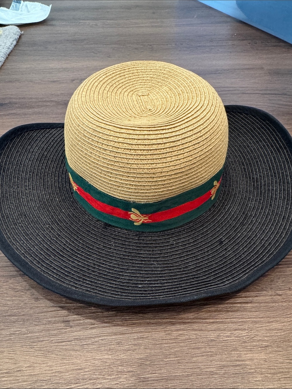 Wide Brim Straw Sun Hat with Black Brim and Tan Crown
